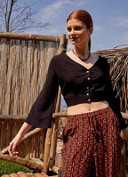 Shirred Back  Long Sleeve Black Bohemian Crop Top