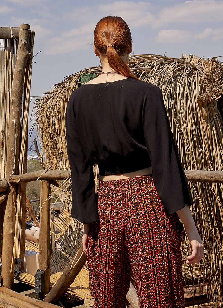 Shirred Back  Long Sleeve Black Bohemian Crop Top