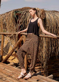 Boho Shirred Waist Drop Crotch Brown Patterned Harem Pants
