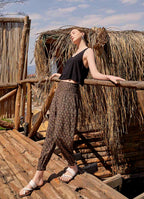 Boho Shirred Waist Drop Crotch Brown Patterned Harem Pants