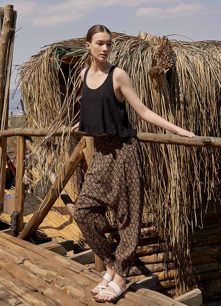 Boho Shirred Waist Drop Crotch Brown Patterned Harem Pants