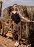 Boho Shirred Waist Drop Crotch Brown Patterned Harem Pants