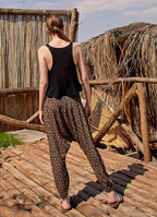 Boho Shirred Waist Drop Crotch Brown Patterned Harem Pants