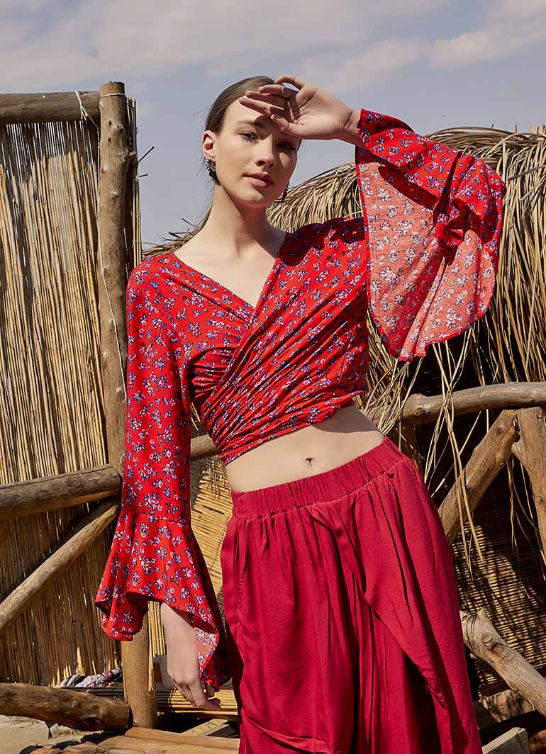 Oranj Flower Gypsy Style Bell Sleeve Crop Top