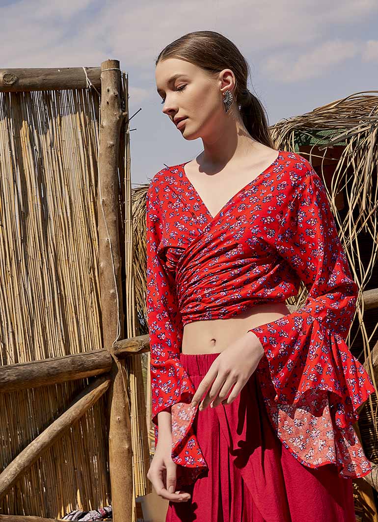 Oranj Flower Gypsy Style Bell Sleeve Crop Top