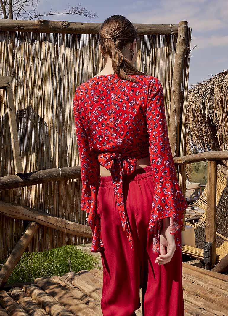Oranj Flower Gypsy Style Bell Sleeve Crop Top