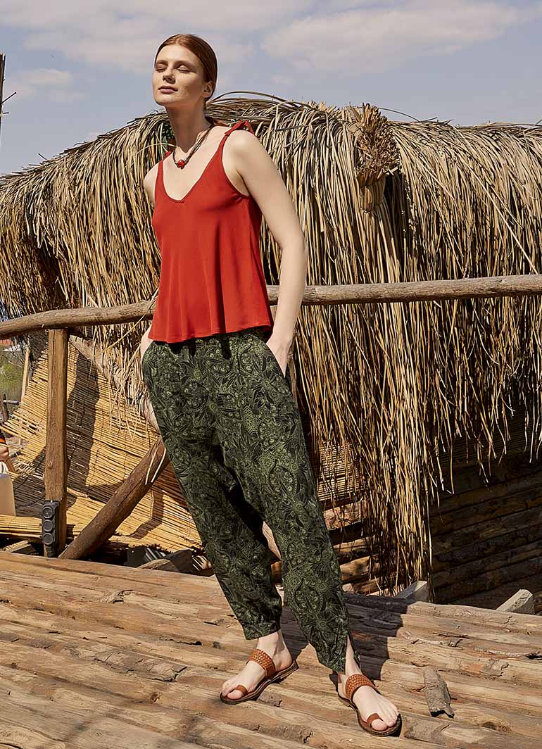 Boho Shirred Waist Drop Crotch Green Patterned Harem Pants