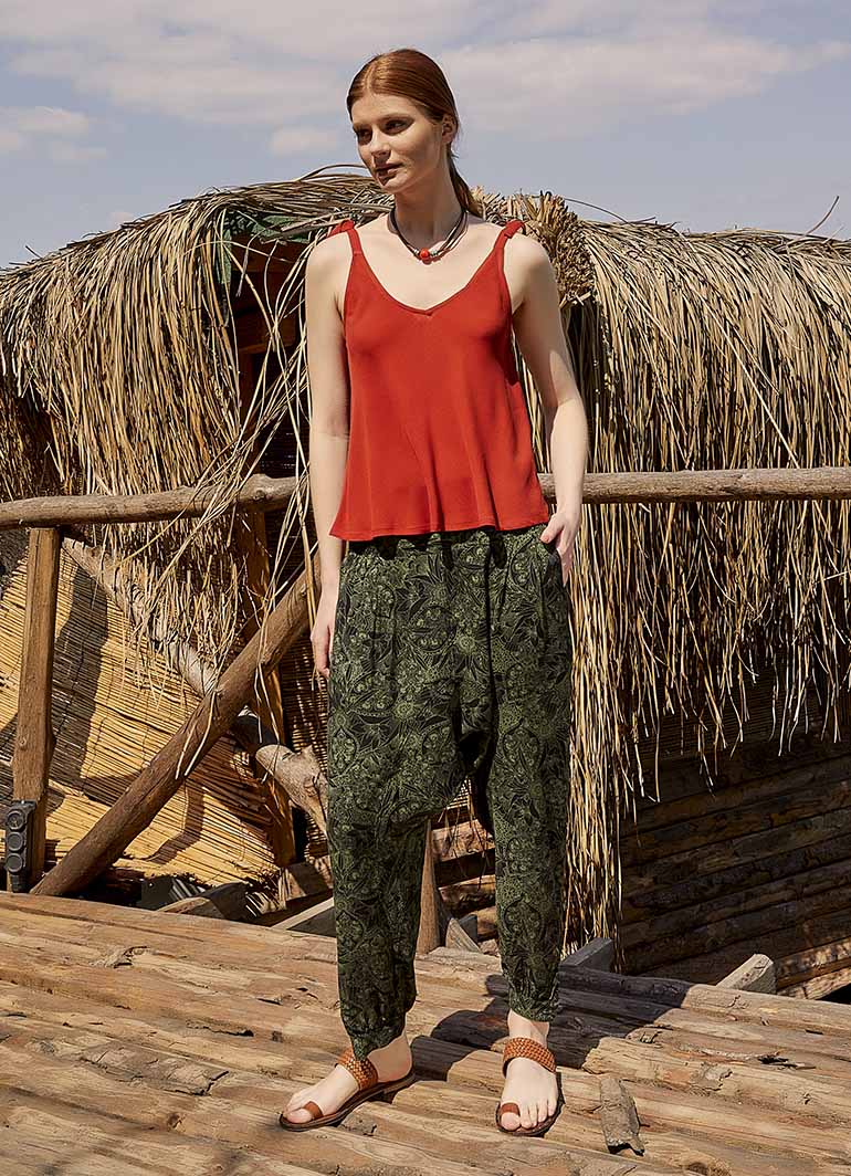Boho Shirred Waist Drop Crotch Green Patterned Harem Pants
