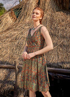 Double Breasted Neck Line Shirred Waist Bohemian Green Pattern Sundress
