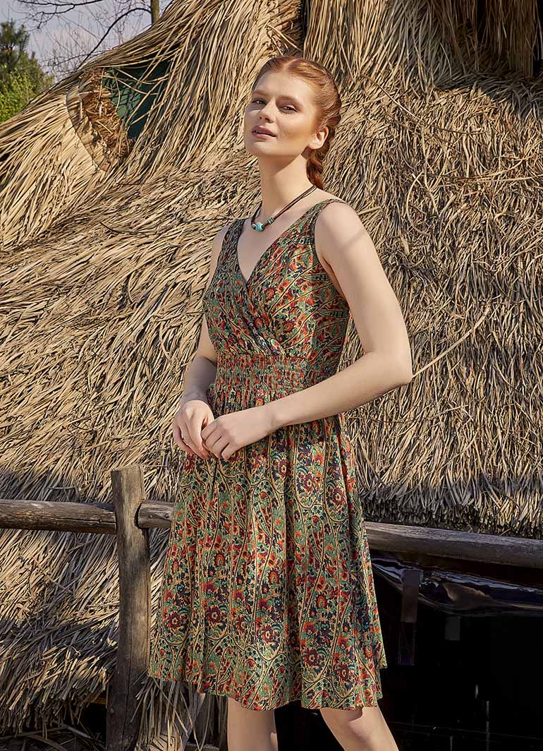 Double Breasted Neck Line Shirred Waist Bohemian Green Pattern Sundress