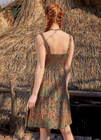 Double Breasted Neck Line Shirred Waist Bohemian Green Pattern Sundress