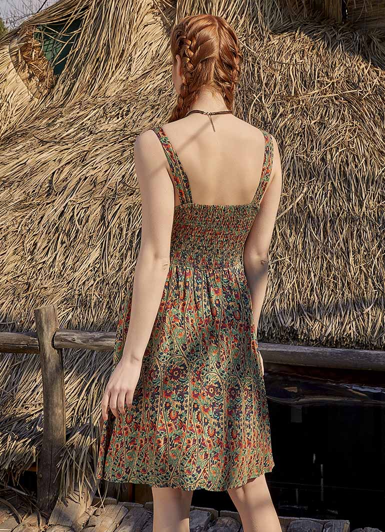 Double Breasted Neck Line Shirred Waist Bohemian Green Pattern Sundress
