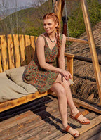 Double Breasted Neck Line Shirred Waist Bohemian Green Pattern Sundress