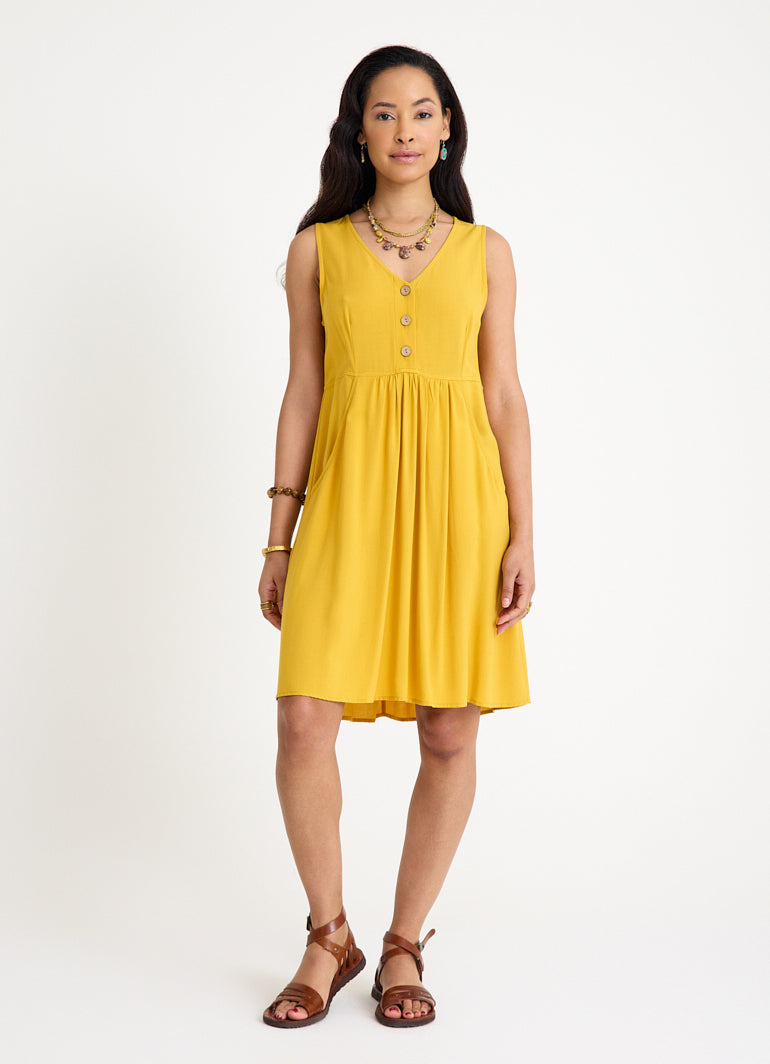 V Neck Button Detail Sleeveless Yellow Casual Dress 4578