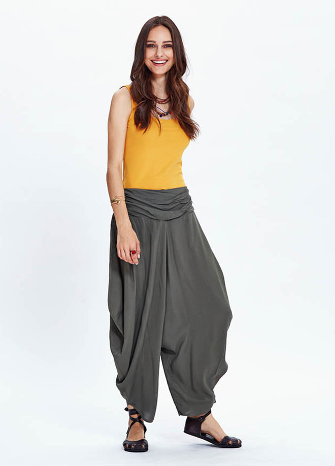 Draped Detail Elastic Waist Flowy Wholesale Khaki Harem Pants