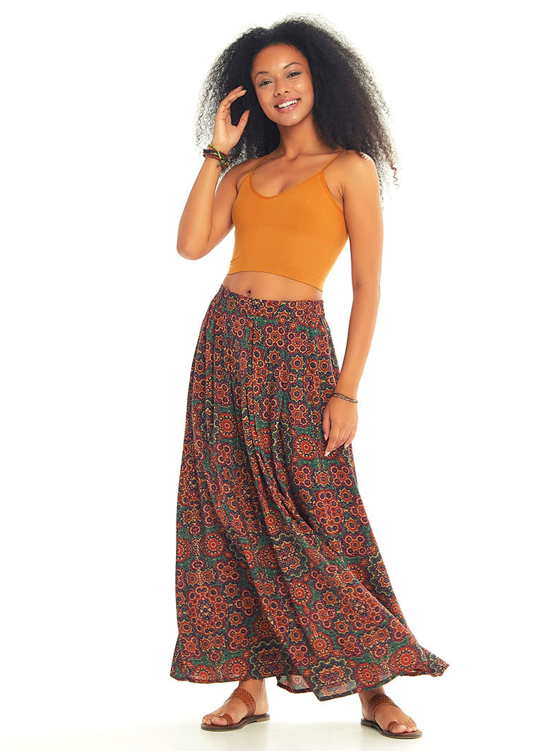 Ethnic Print Pleated Elastic Banded Maxi Retro Skirt