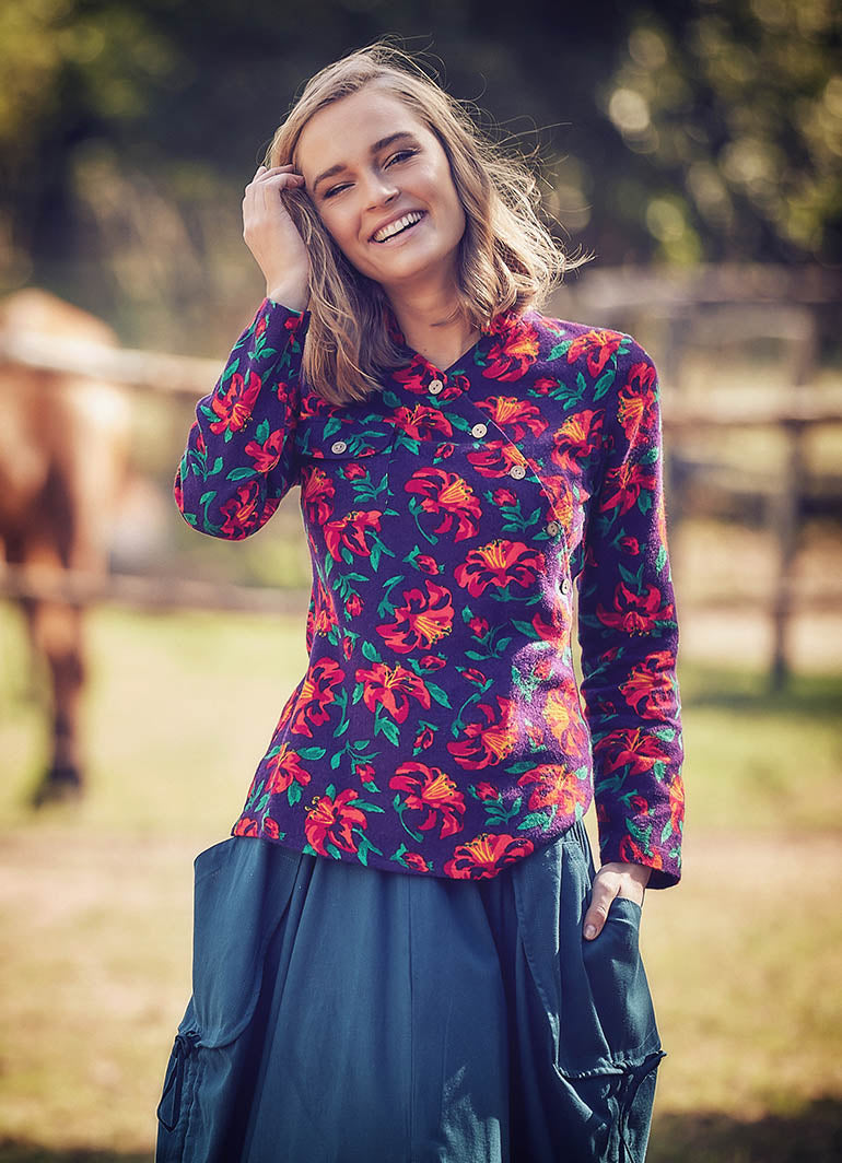 Mandarin Collar Long Sleeve Purple Shirt Top
