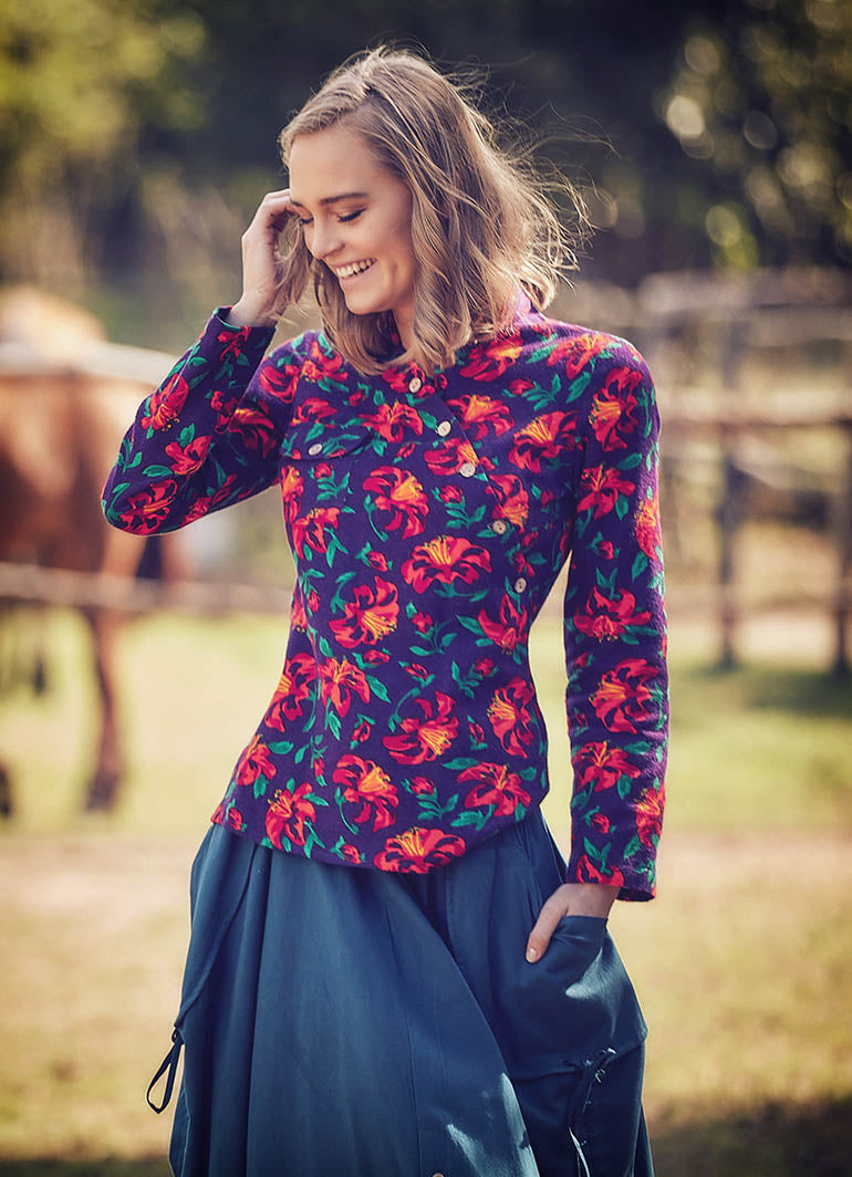 Mandarin Collar Long Sleeve Purple Shirt Top