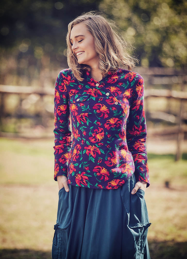 Mandarin Collar Long Sleeve Purple Shirt Top