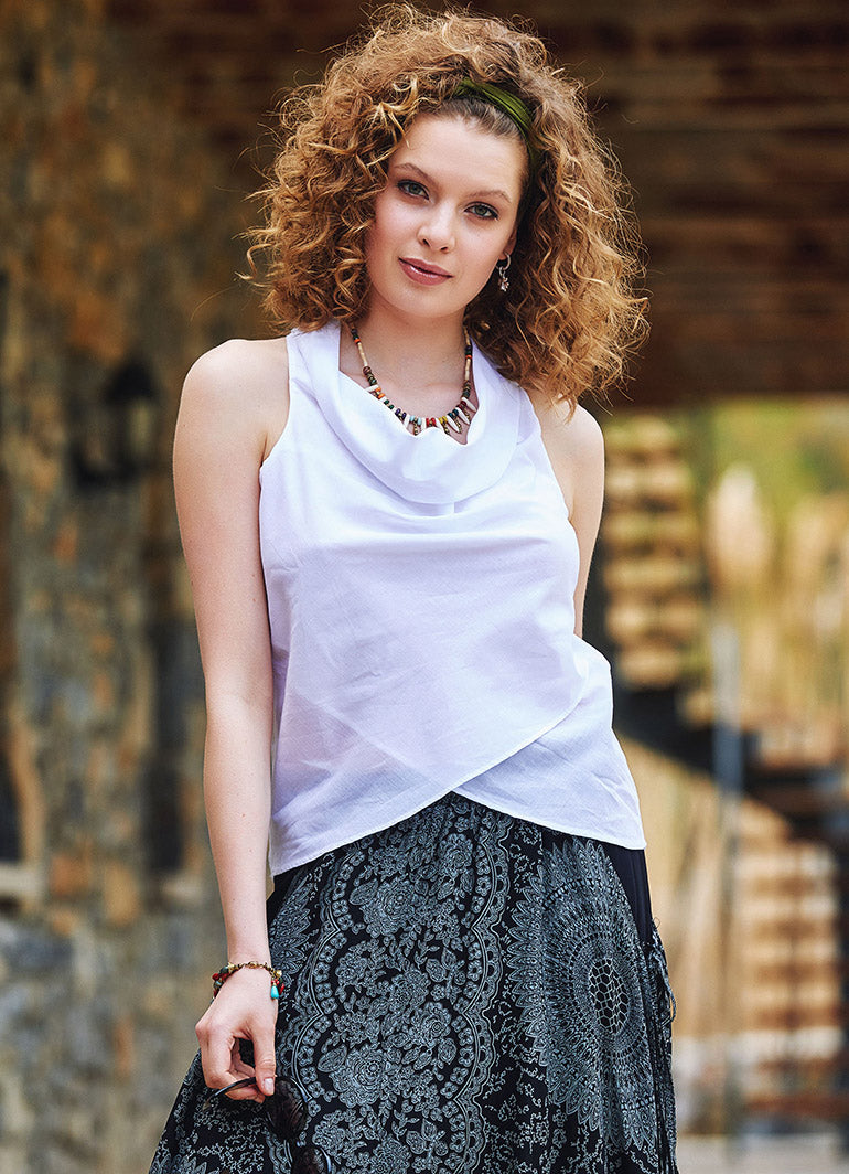 Degaje Neck Sleeveless White Authentic Blouse Top