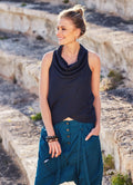 Sleeveless Drape Neck Wrap Front Summer Black Top