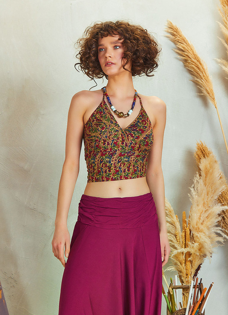 Halter Neck Open Back Burgundy Floral Crop Blouse