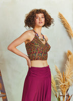 Halter Neck Open Back Burgundy Floral Crop Blouse
