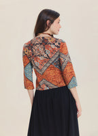 Elastic Waist Double Layer Brown Print Asymmetrical Skirt