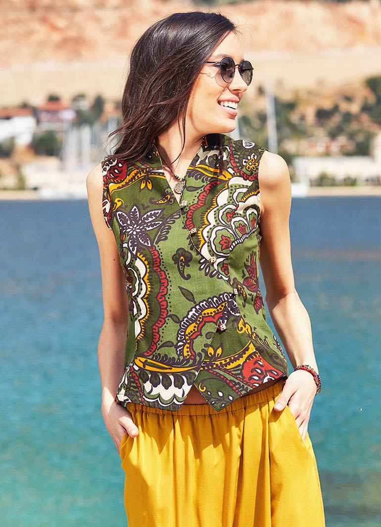 Ethnic Print Sleeveless Mandarin Collar Boho Shirt
