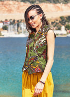 Ethnic Print Sleeveless Mandarin Collar Boho Shirt