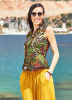Ethnic Print Sleeveless Mandarin Collar Boho Shirt