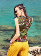 Ethnic Print Sleeveless Mandarin Collar Boho Shirt
