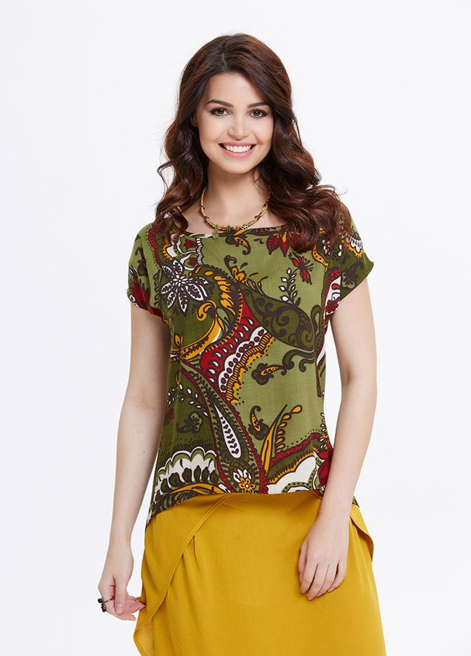 Ethnic Print Gypsy Wholesale Boat Neck Green Top