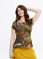 Ethnic Print Gypsy Wholesale Boat Neck Green Top