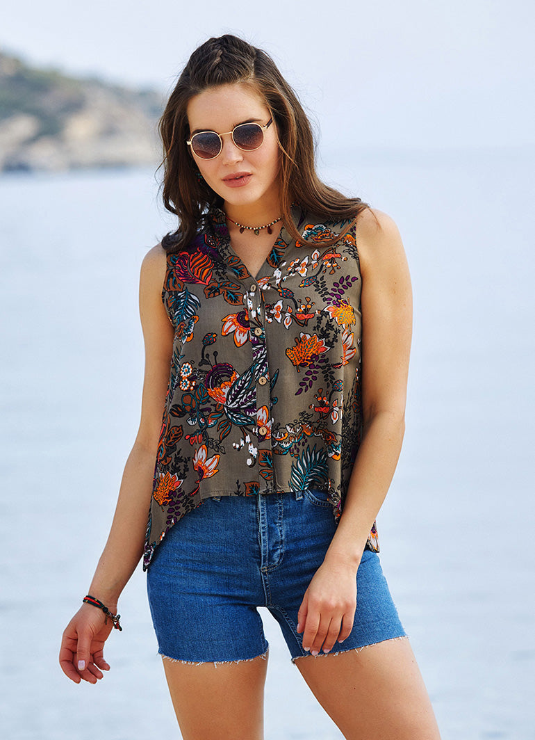 Beige Pattern Dip Hem Button Down Shirt