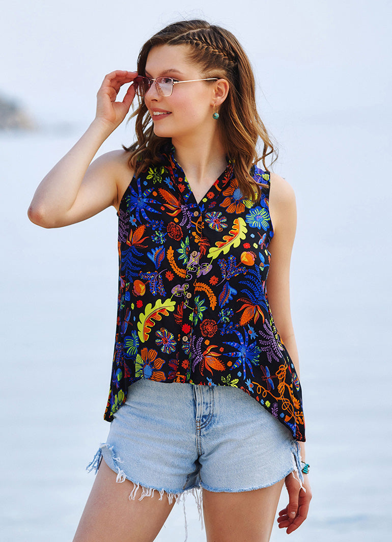 Floral Patterned Dip Hem Button Down Shirt
