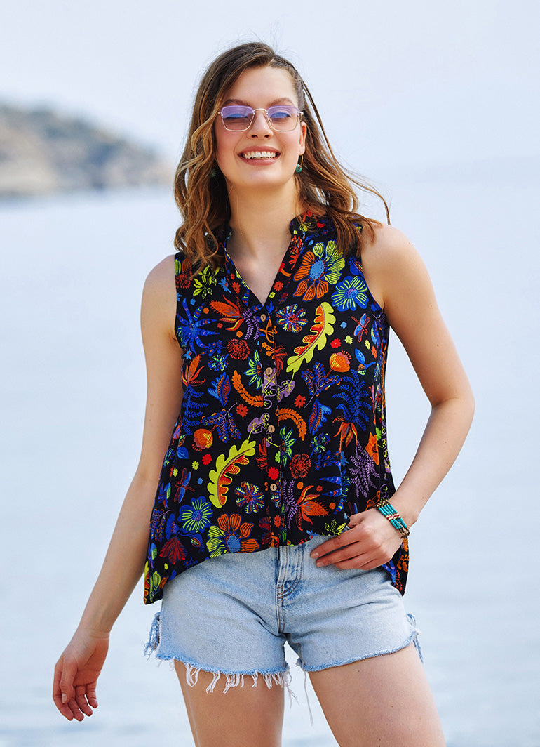 Floral Patterned Dip Hem Button Down Shirt