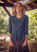 Crew Neck Half Sleeve Button Detailed Khaki Winter Blouse 4784