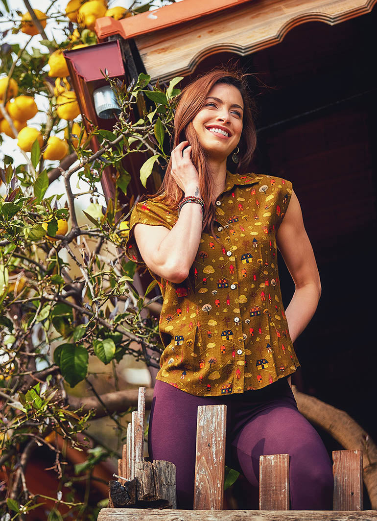 Authentic Patterned Buttoned Khaki Blouse