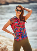 Floral Raglan Half Sleeve Front Pleated Shirt Top