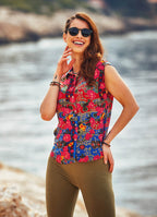 Floral Raglan Half Sleeve Front Pleated Shirt Top
