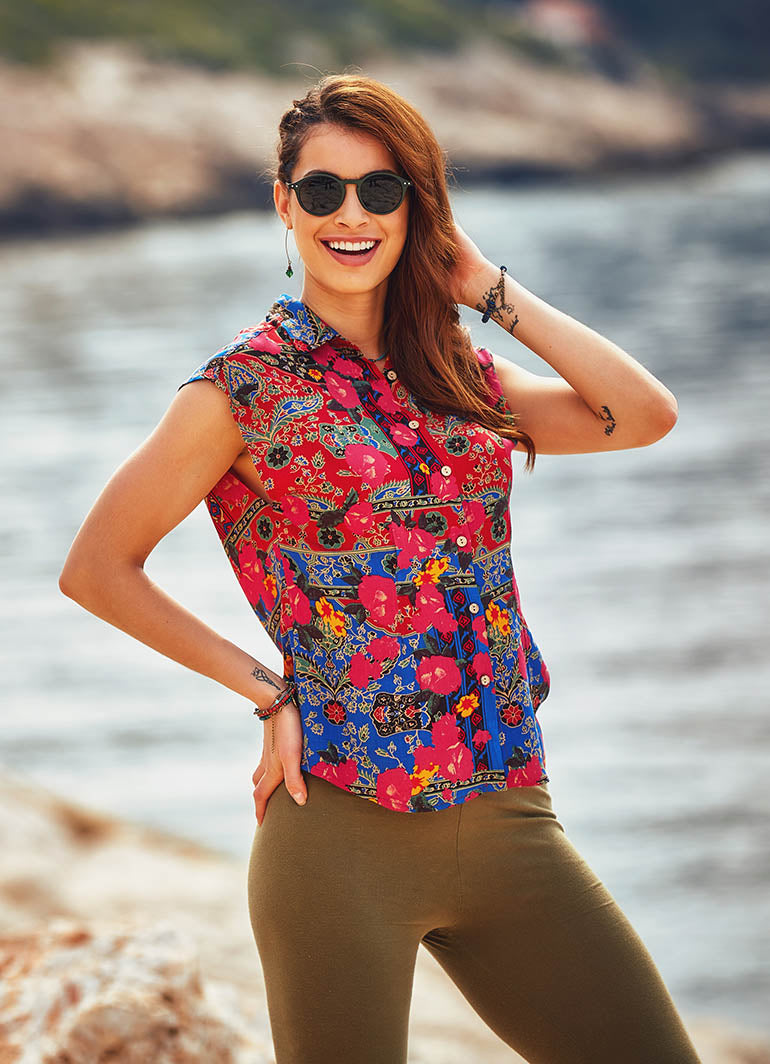 Floral Raglan Half Sleeve Front Pleated Shirt Top