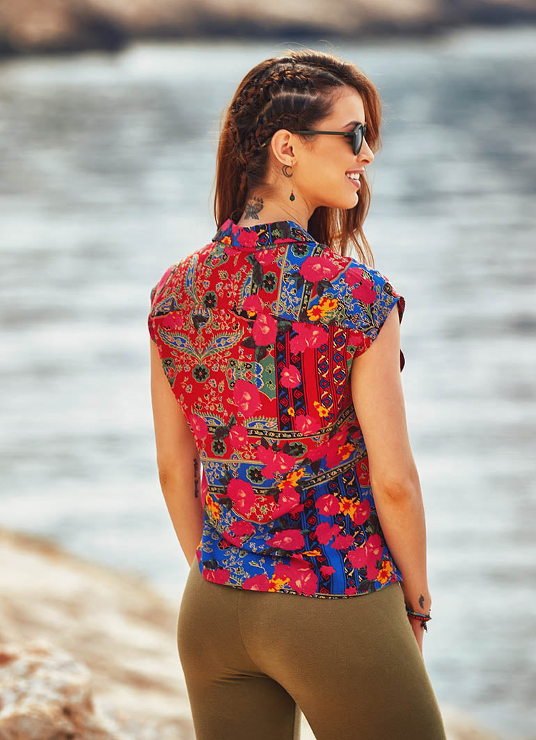 Floral Raglan Half Sleeve Front Pleated Shirt Top