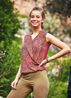 Ethnic Patterned Brown Double Breasted Blouse Top