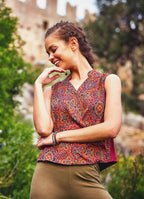 Ethnic Patterned Brown Double Breasted Blouse Top