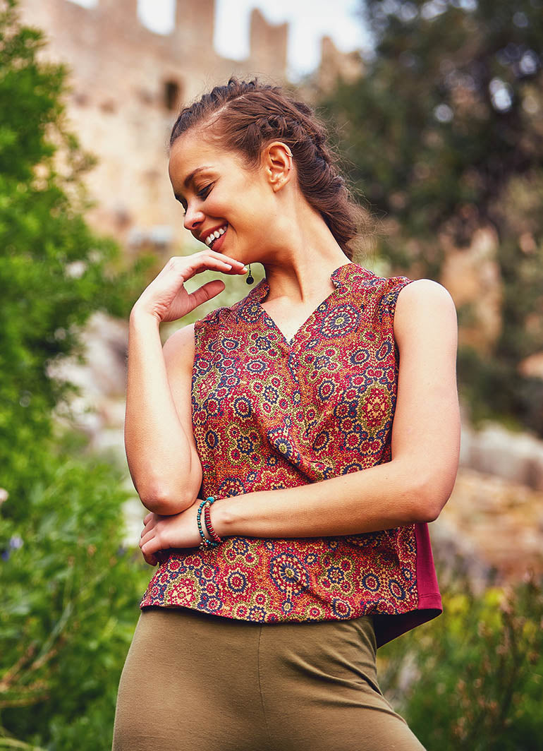 Ethnic Patterned Brown Double Breasted Blouse Top