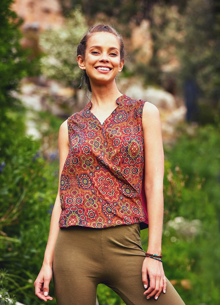 Ethnic Patterned Brown Double Breasted Blouse Top