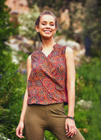 Ethnic Patterned Brown Double Breasted Blouse Top