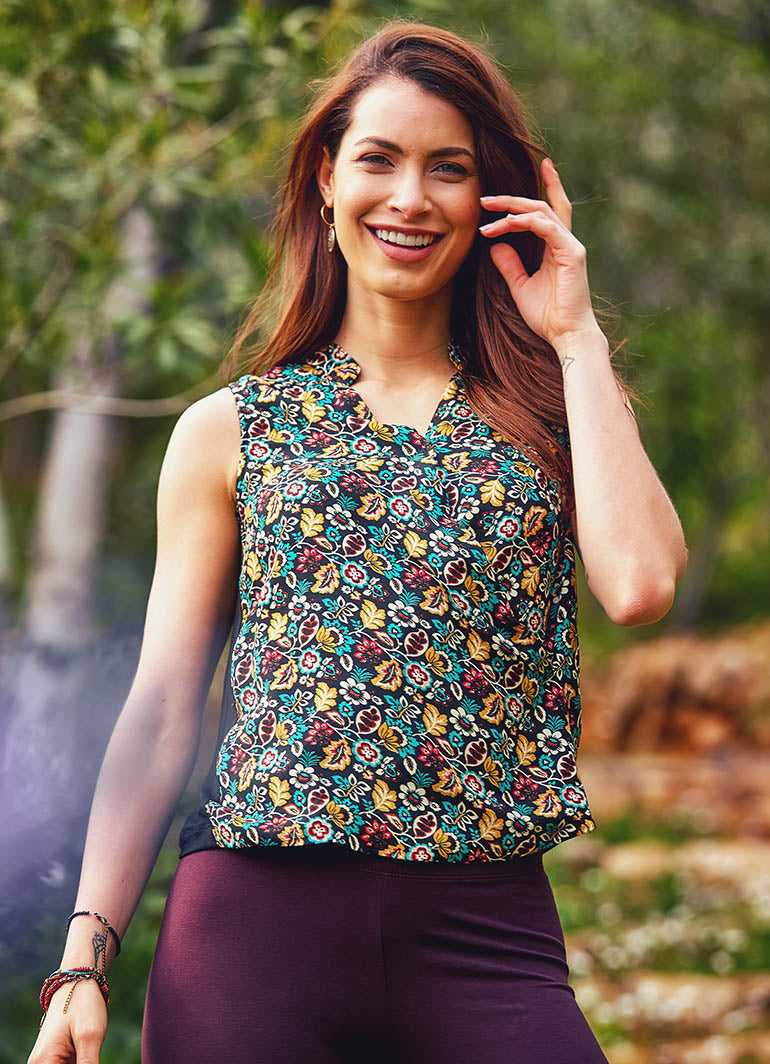 Ethnic Patterned Double Breasted Black Blouse Top