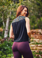 Ethnic Patterned Double Breasted Black Blouse Top
